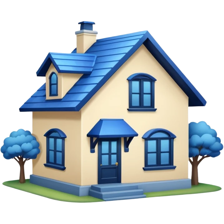 a creamy-colored house with dark blue trim and a blue roof emoji