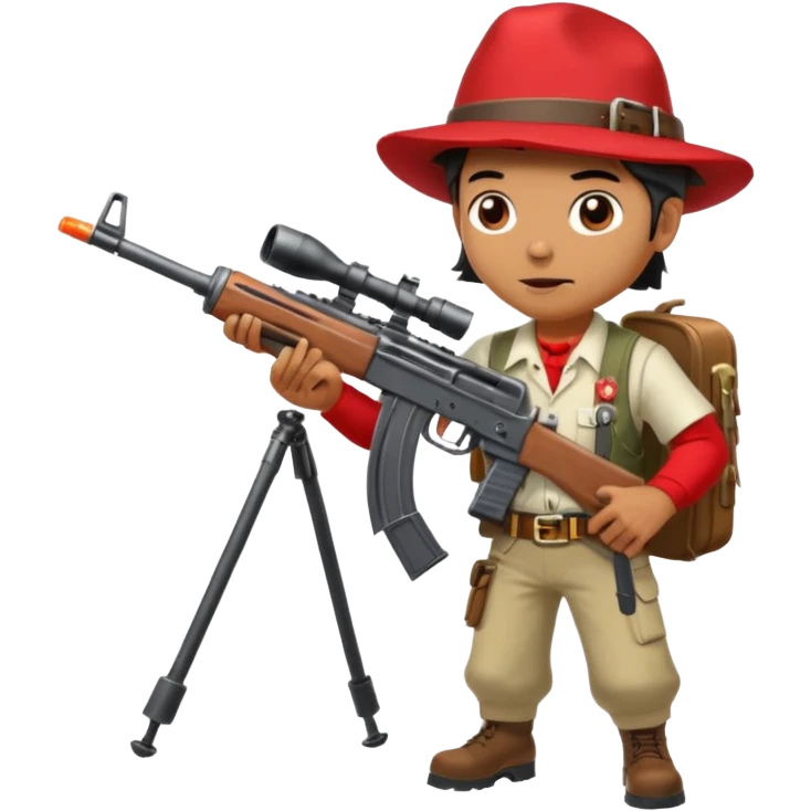 Yodeling mountain climber in Switzerland with a machine gun pointing to the right, full body. in the style of your bleeding skull art make him look like the price is right game emoji