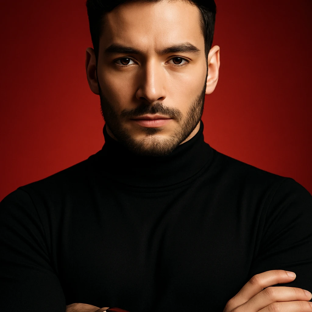 Create an ultra-realistic, high-detail editorial portrait of the person in the reference image. Focus on sharp features, flawless fair skin, sleek black hair, and a black turtleneck. The background is a bold red gradient. The person has arms crossed and wears a stylish wristwatch with a blue dial and brown strap. Use dramatic cinematic lighting to evoke a luxury fashion magazine style. The composition is symmetrical and minimal, rendered in 4K. emoji