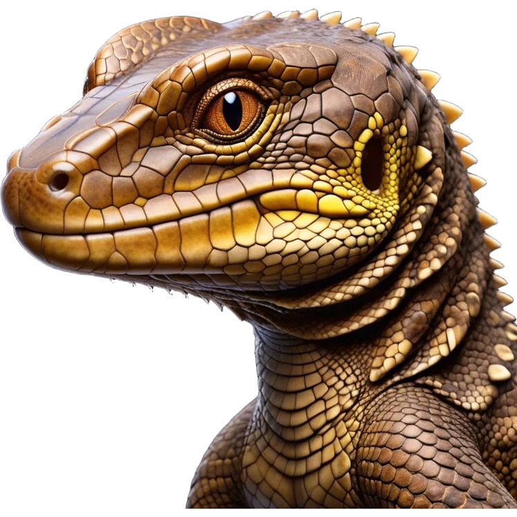 Cinematic Noble brown camo monitor Lizard Portrait Emoji, Poised and regal, with a robust, scaled body exhibiting striking, mottled patterns and piercing, alert eyes, Simplified yet sharp and sophisticated features, highly detailed, glowing with a soft, earthy glow, high shine, intelligent and formidable, stylized with an air of ancient wilderness, focused and commanding, soft glowing outline, capturing the essence of a watchful and confident reptilian guardian that appears ready to stride out of the screen with effortless authority! emoji