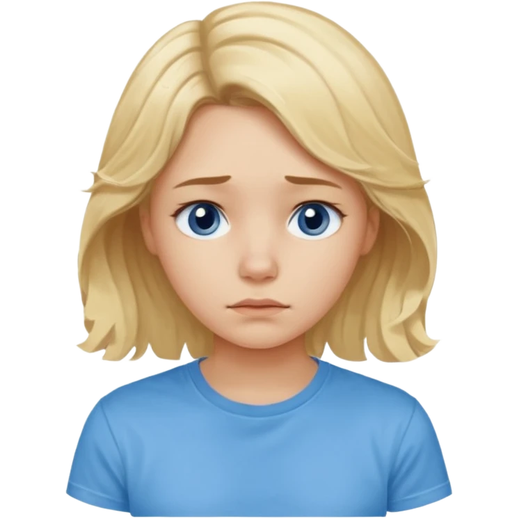 Sad blond girl with light weavy hair with a blue shirt but we can see only her face and neck and the top of the t shirt, no whole body emoji