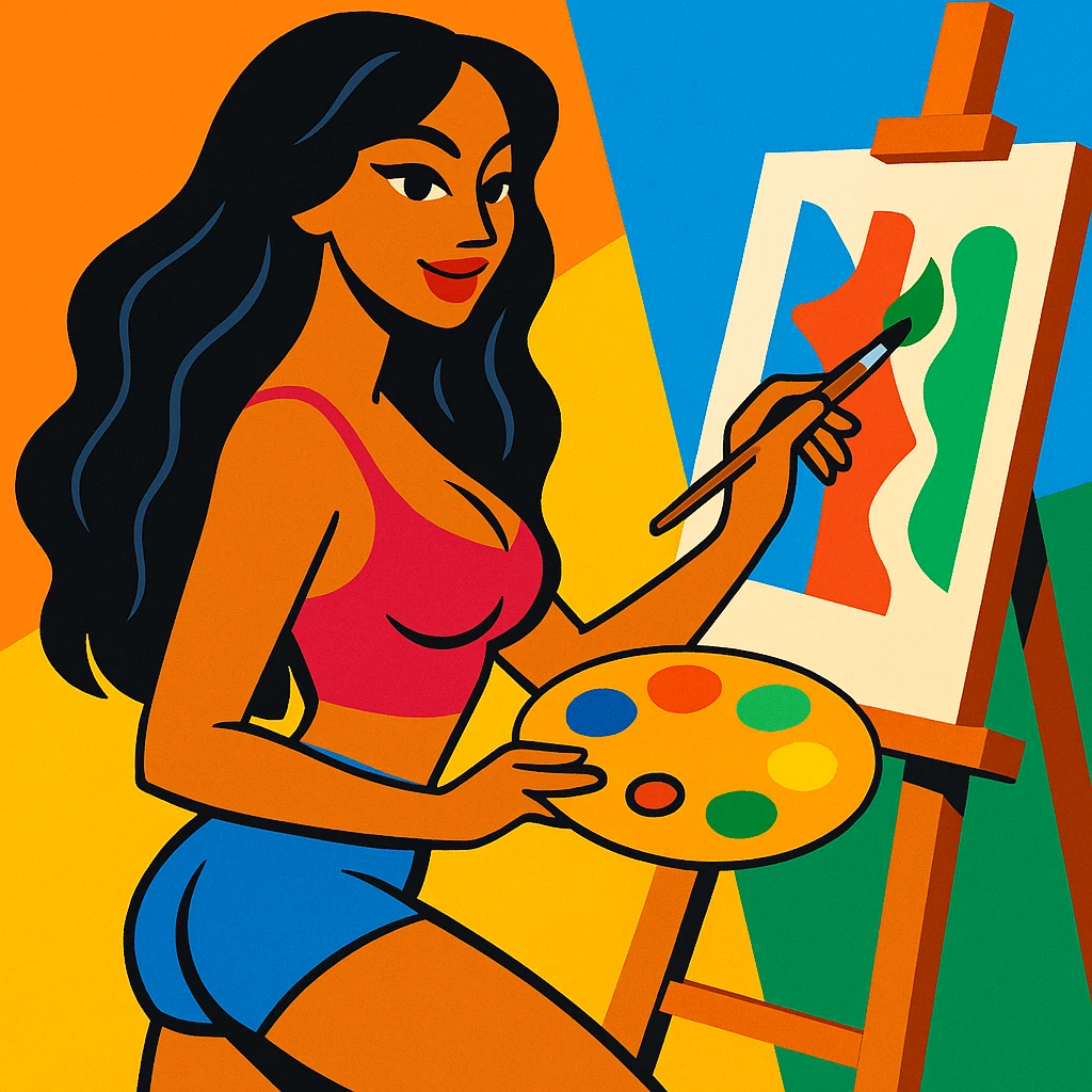 sexy tanned woman artist with long black hair, painting at an easel, holding a paint palette and brush, in vibrant toon style emoji