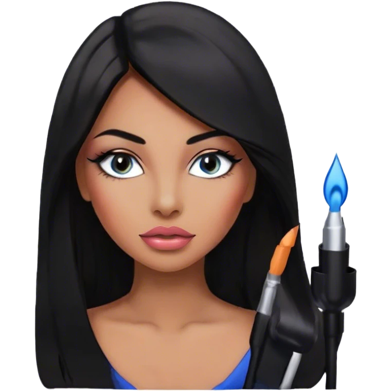 Glamours, tanned, very beautiful girl, with big pump peach-beige-rose lips, eyeliner, long long lashes, black straight smooth silky long hair, straight parting hair, blue-grey eyes in black emoji