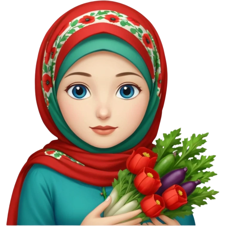 Turkish beautiful finish Konya girl blue eyes with poppy floral hijab and green red dress and she had on her hand vegetables  emoji