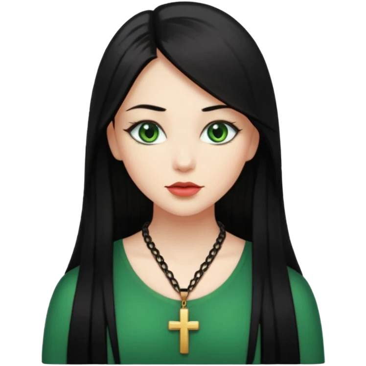 Girl, long black straight hair, green eyes, plump lips, cross necklace  emoji