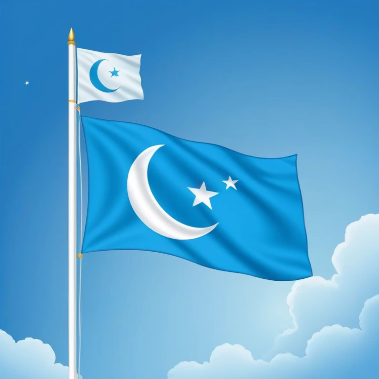 Iraqi Turkmen flag - a sky blue rectangular flag with a white crescent moon and star in the center. There is one straight white horizontal line across the top of the moon and another straight white horizontal line below the moon. emoji