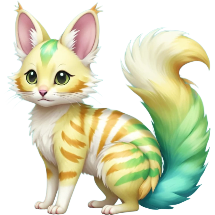  cute adorable yellow-green-turquoise-gradients albino fur with random colorful iridescent rainbow markings beautiful elegant pretty precious cute  Fakémon-Pokémon-opossum-feline-serval-caracal-chinchilla-Minccino-hybrid-creature with a big fluffy bushy striped tail (full body) emoji