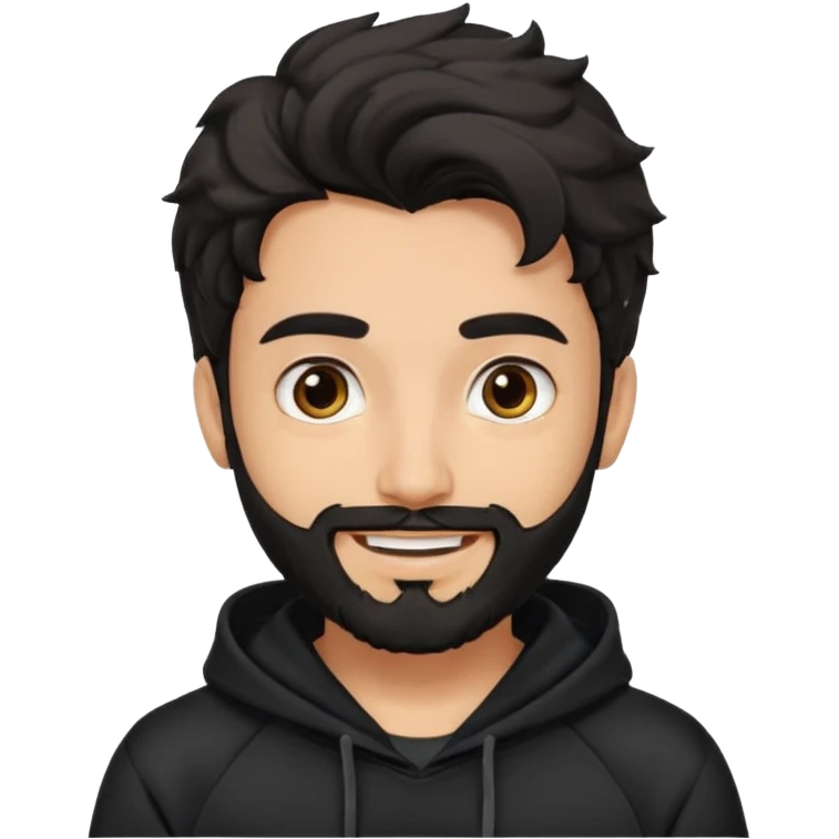 young fair skin pakistani guy smiling with black beard, wavy hair pushed back and brown eyes and thick eyebrows wearing black hoodie emoji