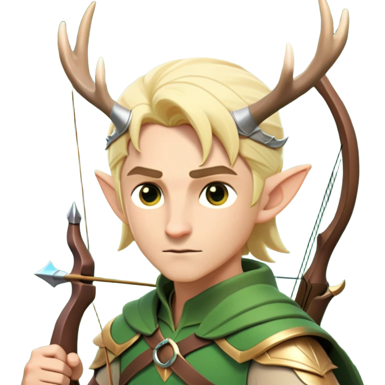 clash-of-clans-aesthetic-blond-male elf-archer-portrait-emoji, rendered in a flat, vector-style with minimal shading and bold holding his bow, simplified shapes, head tilted slightly forward with a determined, focused expression, riding a majestic stag whose antlers glow with mystical energy, set against an ancient, enchanted forest backdrop. emoji