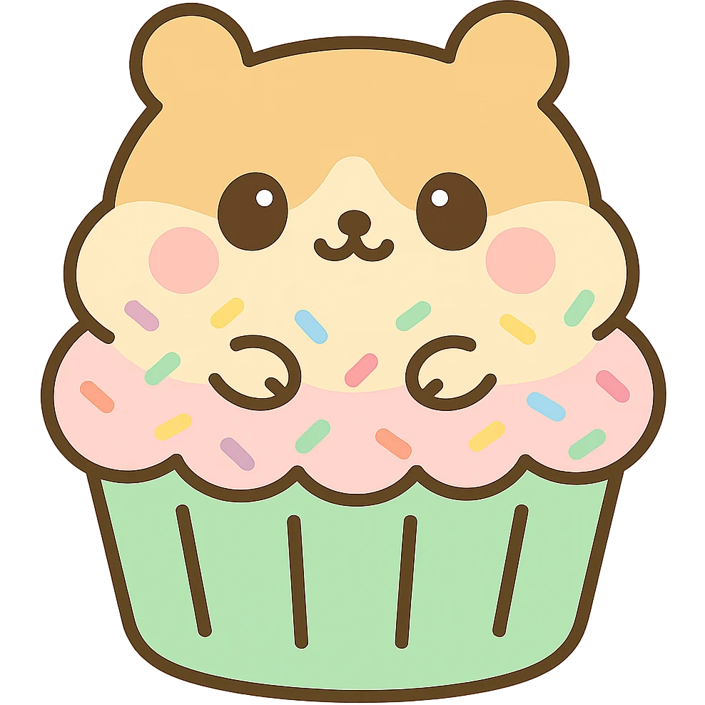 Add pastel sprinkles to the cream topping of the kawaii hamster cupcake, keeping the flat pastel style, chubby face, and transparent background. emoji