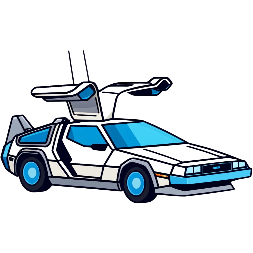 Top-down view of retro-futuristic hover car inspired by the DeLorean, open gullwing doors, silver metallic body with blue-tinted windows, stylized jet boosters in the back, flat vector style, outlined shapes, minimal design emoji