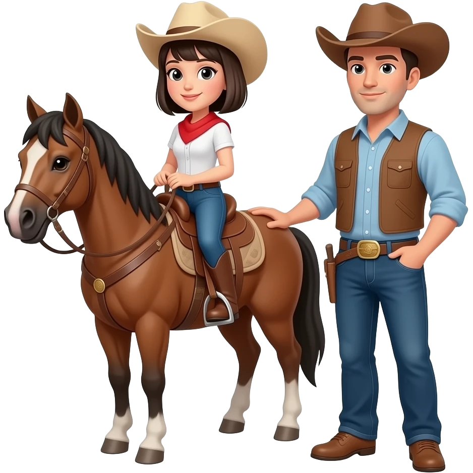a cowgirl whose hair is a bob. she's on a horse with her tall handsome cowboy standing next to her emoji