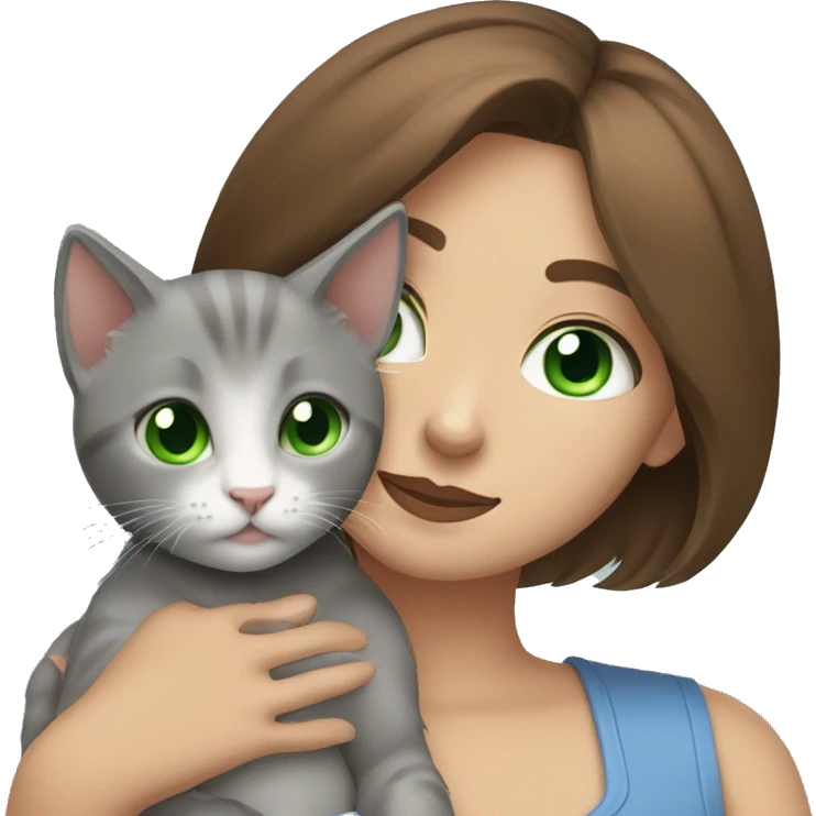 blue eyes grey kitten hugging brown short hair green eyes woman emoji