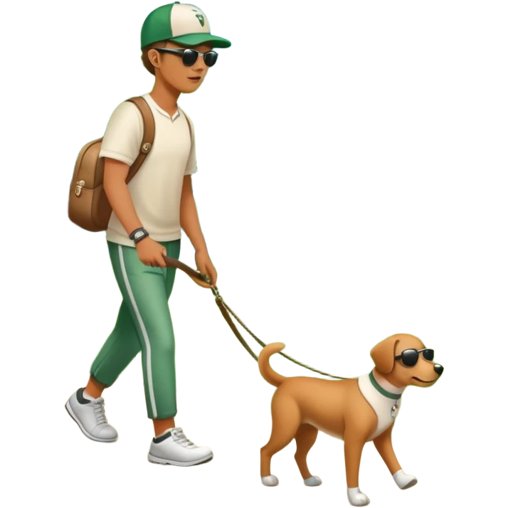 a dog on a leash with a person in a green park setting emoji
