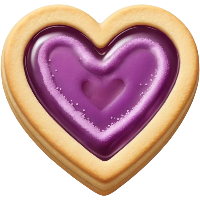 Realistic shortbread cookie in the shape of a heart with mauve jelly middle filling and sprinkled powder sugar on top. emoji