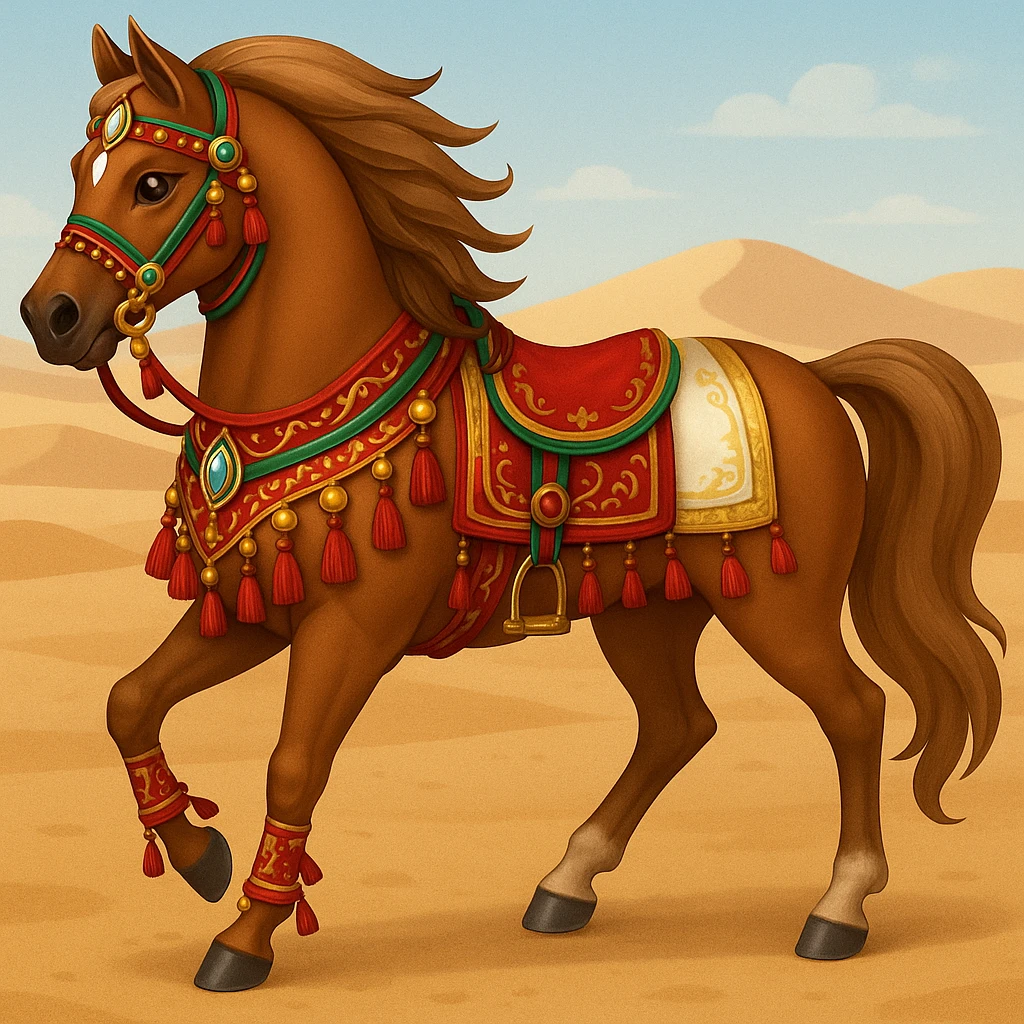 Add traditional Arabian tack and ornate decorations to the Saudi Arabian horse in emoji style, keeping the desert background as is. emoji