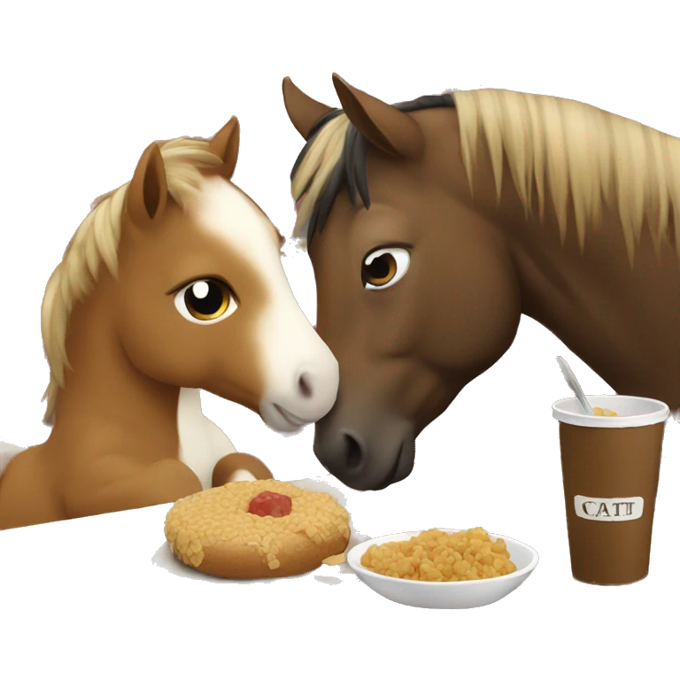 Little brown pony eating with a cat emoji