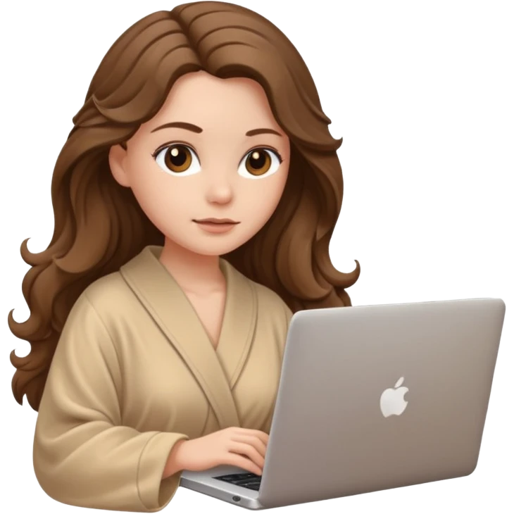 make a picture in ios 18 style of a white girl with brown long wavy hair wearing beige robe and working on a laptop emoji