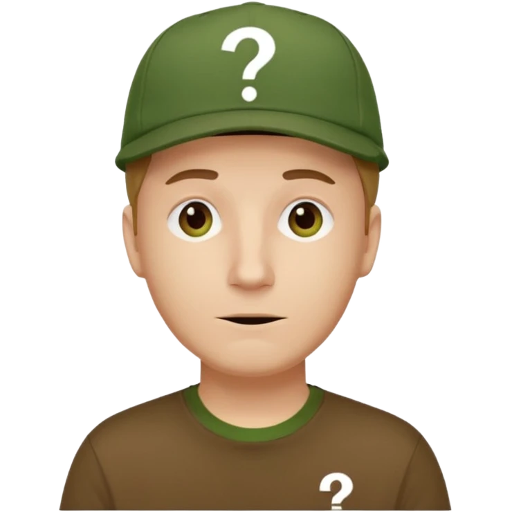white fat man with brown cap and green t shirt printeed a question mark emoji