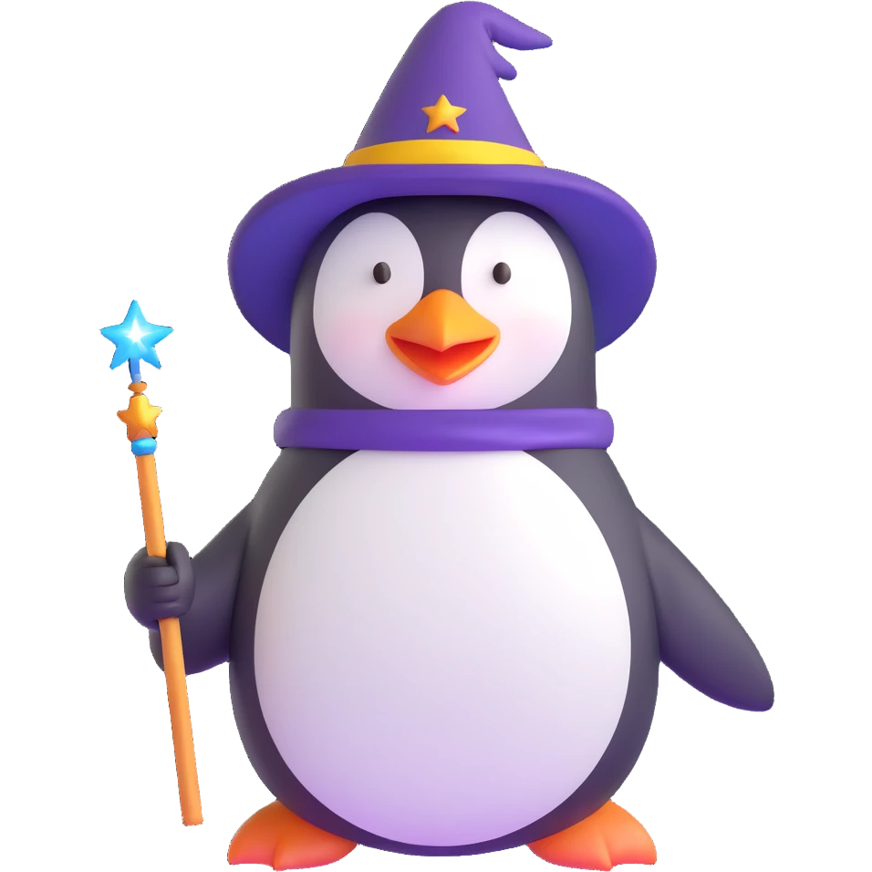 penguin wearing a wizard hat and holding a magic wand emoji