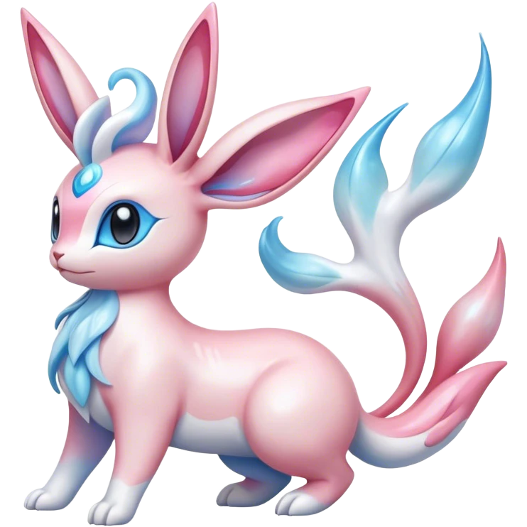 Feral Rare Fantasy cute realistic adorable pastel pink light-blue white iridescent Sylveon-Milotic-Minccino-Vernid-hybrid by LiLaiRa, markings, full body emoji