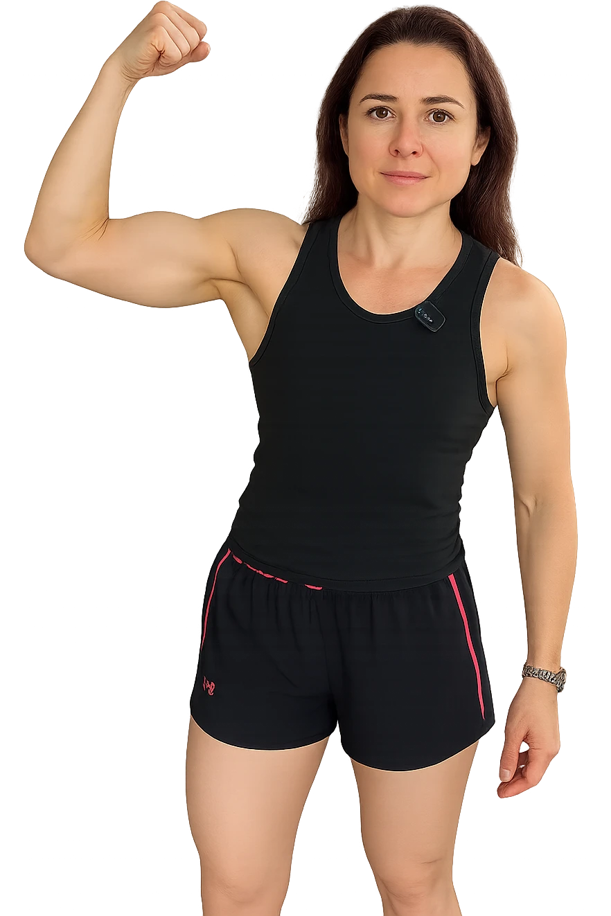 Donna in forma che fa il braccio contratto emoji