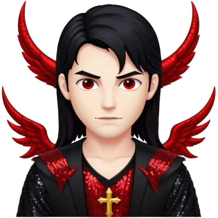 Lucifer from The Bible with red skin, long black hair, black sequin outfit emoji