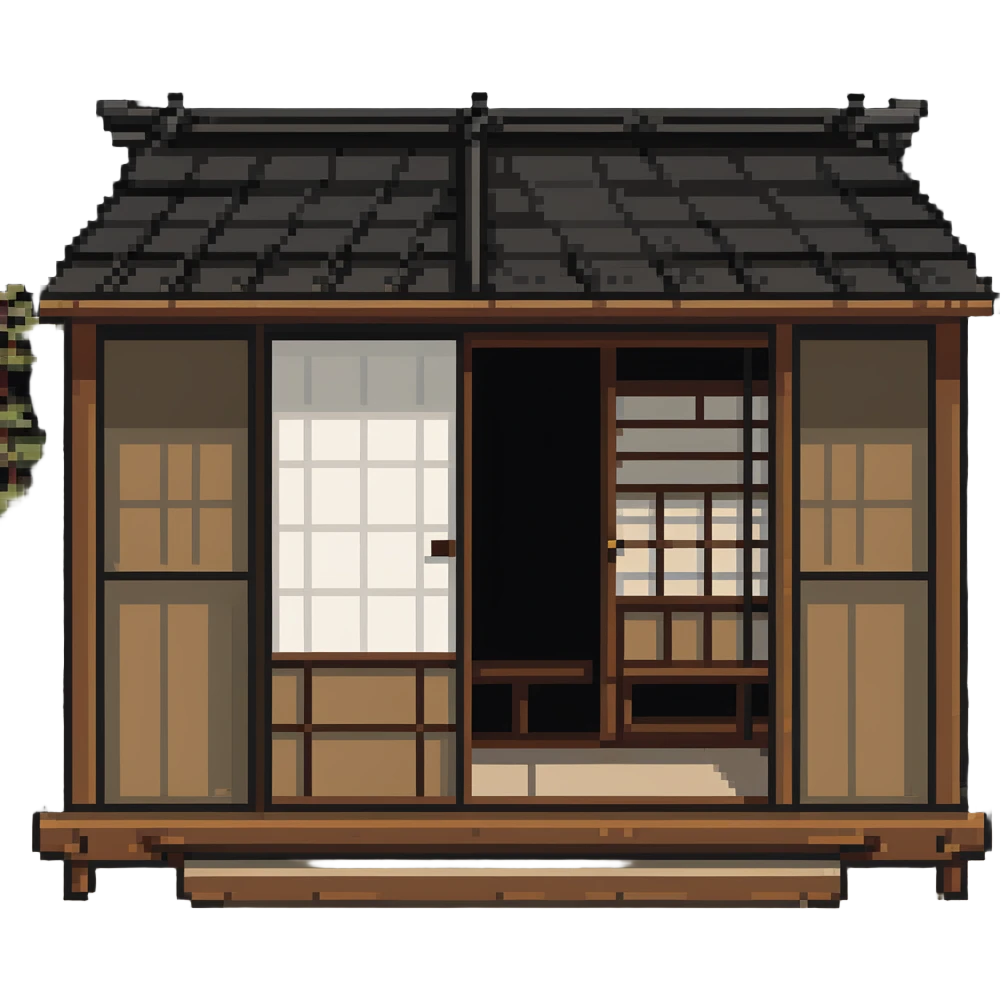 Traditional Japanese house with wooden structure, sliding doors, tatami floor emoji
