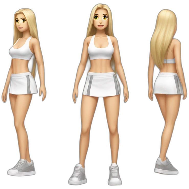 hyperrealist caucasian long straight hair blonde brown eyes white bikini top gray tight mini skirt black sneakers full body emoji