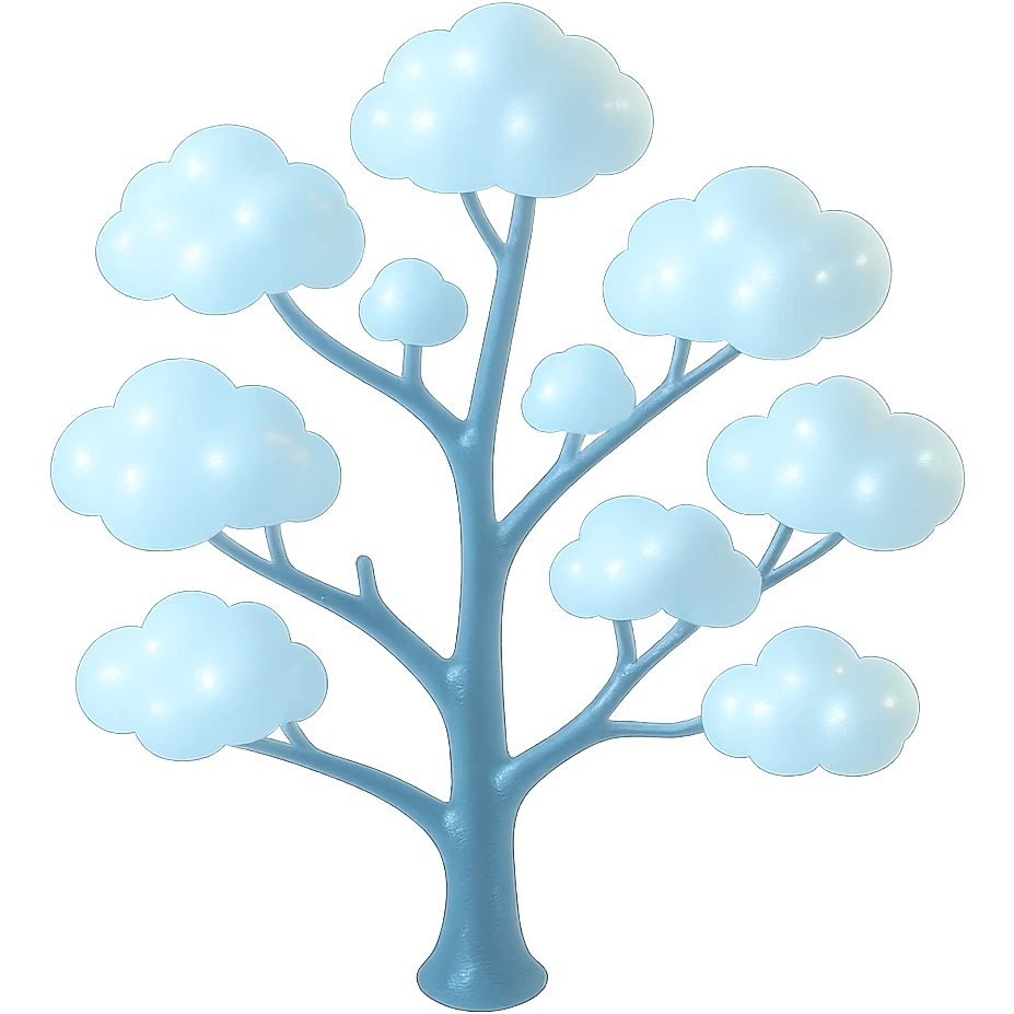 one tree with many branches, each branch covered with small, very bright white, saturated color, fluffy convex clouds, matte glass style, no background emoji