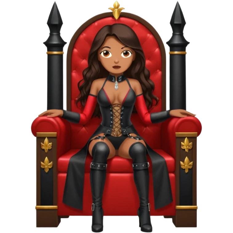 Tan skin with freckles, long dark hair, hazel eyes Dominatrix sitting on a throne. Man worshipping at her feet.  emoji