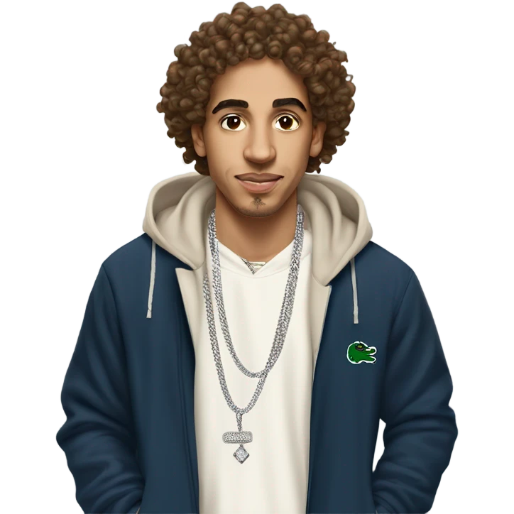 create an emoji of a young mixed-race Moroccan rapper with a diamond chain on his neck dressed in a Lacoste tracksuit. his mid-length brown curly hair and a small budding mustache emoji