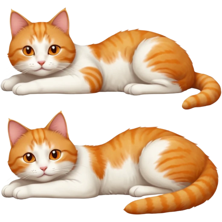 ginger and white cat with orange eyes doing a big extremely long stretch reaching up into the air with arms and legs side by side together straight and overextended whilst lying on its side emoji