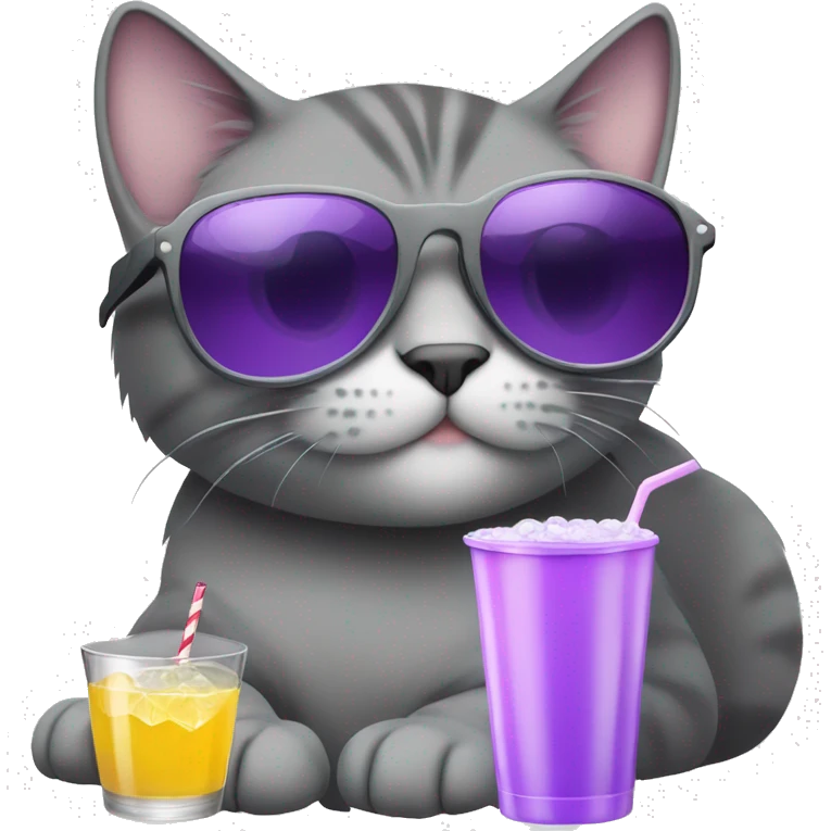 Grey cat with a Drink and purple sunglasses and Green eyes and a Baby with the Color black and white emoji