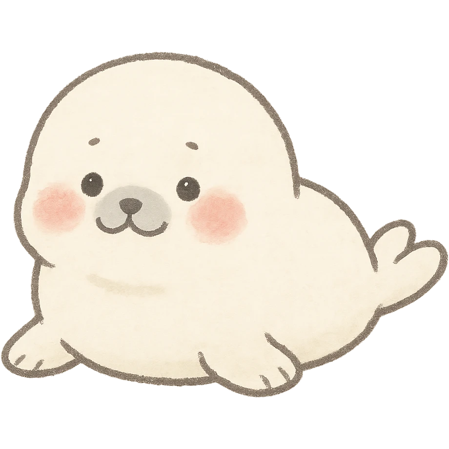 baby seal outline, soft pastel Japanese hand-drawn style, full object, with blushing cheeks emoji