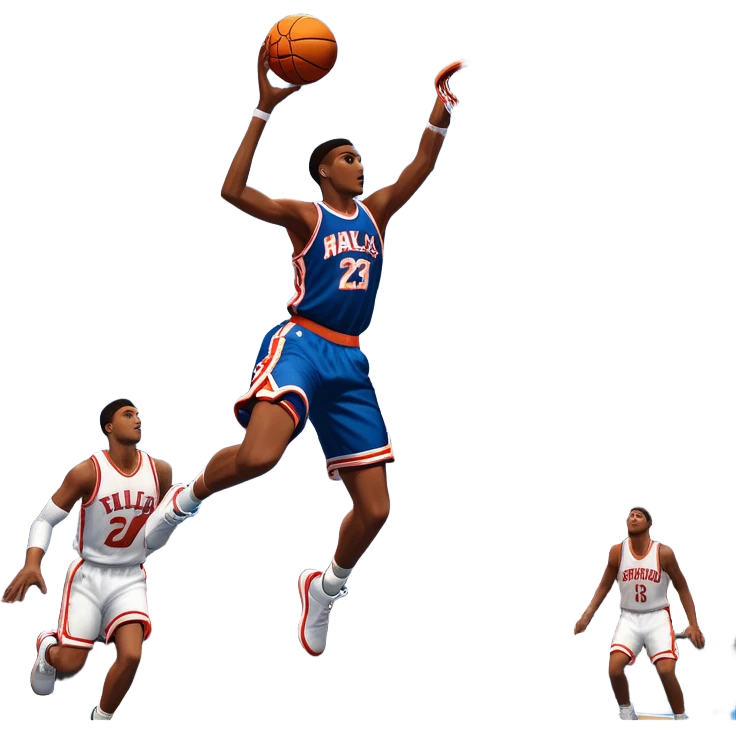 An icon featuring a basketball court with players in action, inspired by NBA 2K25. A player jumps for a dunk, with the ball mid-air. Bright lights illuminate the court, symbolizing the excitement of sports simulation games. Transparent background emphasizes the energy. emoji