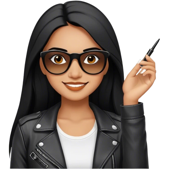 beautiful fit woman, with long straight black hair, with make up, black eye liner, smile mooth close, mexican, brown skin, wearing white tee, wearing leather black jacket, solar black wayfarer on the tip of the nose emoji