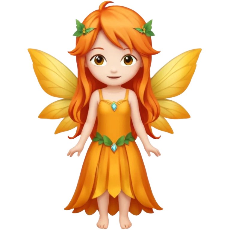 fairy with long orange hair, yellow wings, red dress, happy, chibi full body emoji