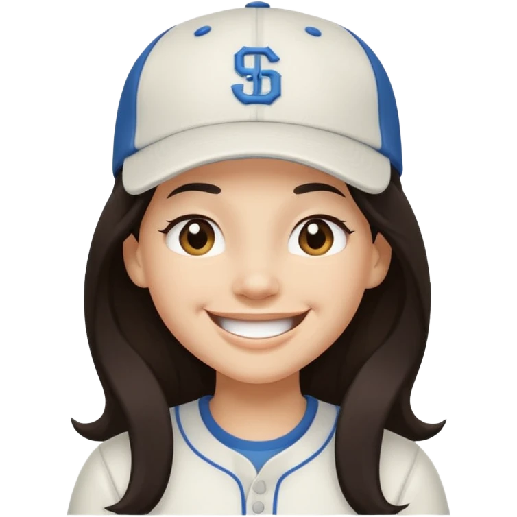 Digital illustration of a cartoon character with a big smile on its face and winking. The character has long dark hair and is wearing a white baseball cap and casual clothes. The overall style of the illustration is cute and playful. emoji