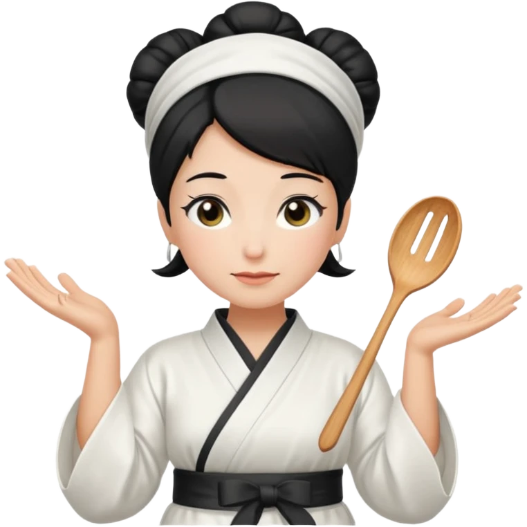 middle age mom with black bun wearing white home kimono and white apron emoji