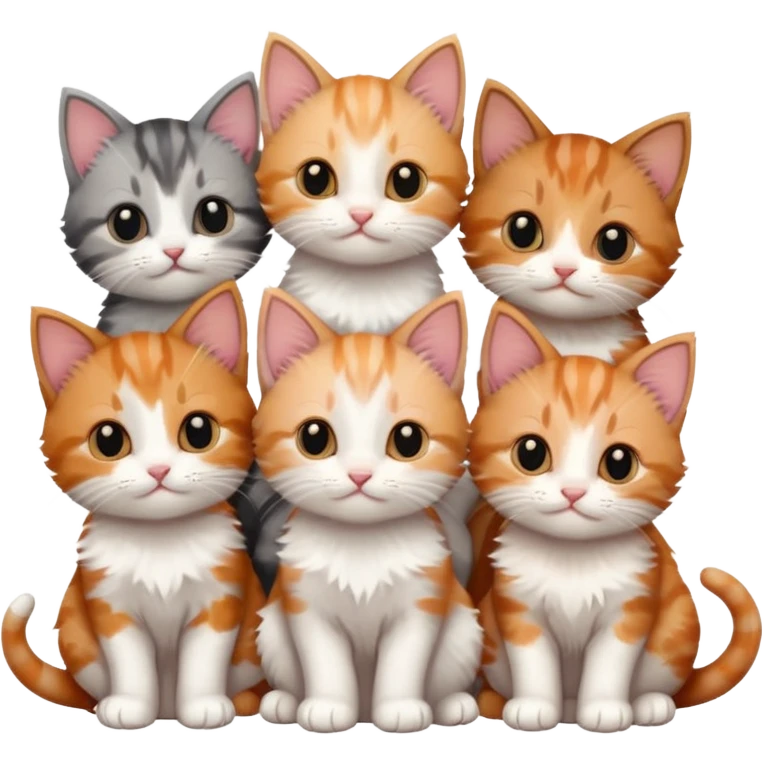 6 tiny kittens cuddling together all different colours, the first one is grey and white, the second is ginger and white and the third is brown tabby and white emoji