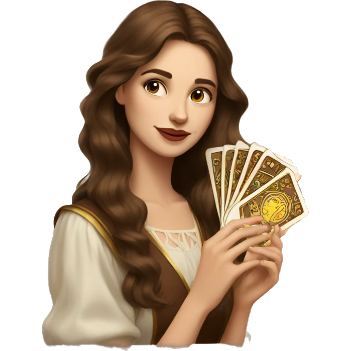 Brown hair beautiful girl with brown tarot gold cards emoji