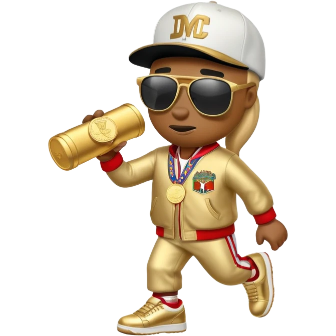 anthropomorphised horse dressed like a member of RUN DMC, hip-hop outfit, gold medal, baseball hat, sunglasses emoji