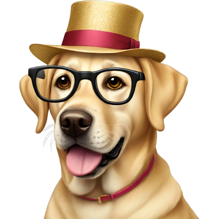 Golden lab dog wearing spectacles and fancy hat emoji