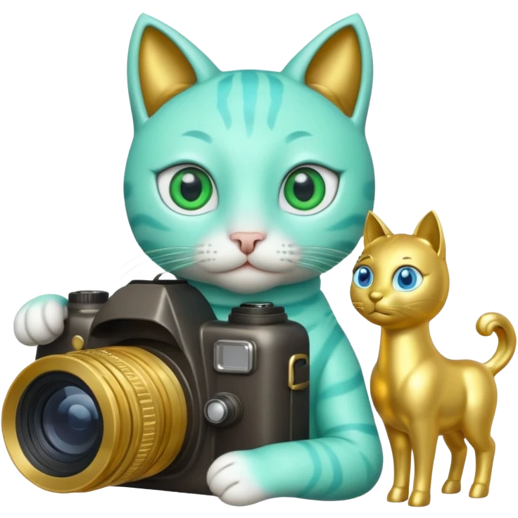 A green cat with blue eyes holds a camera and a gold horse statue  emoji