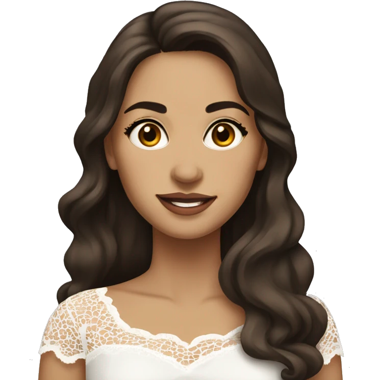 Adult woman with brown eyes, light tanned skin, long wavy dark brown hair, wearing a white lace dress emoji