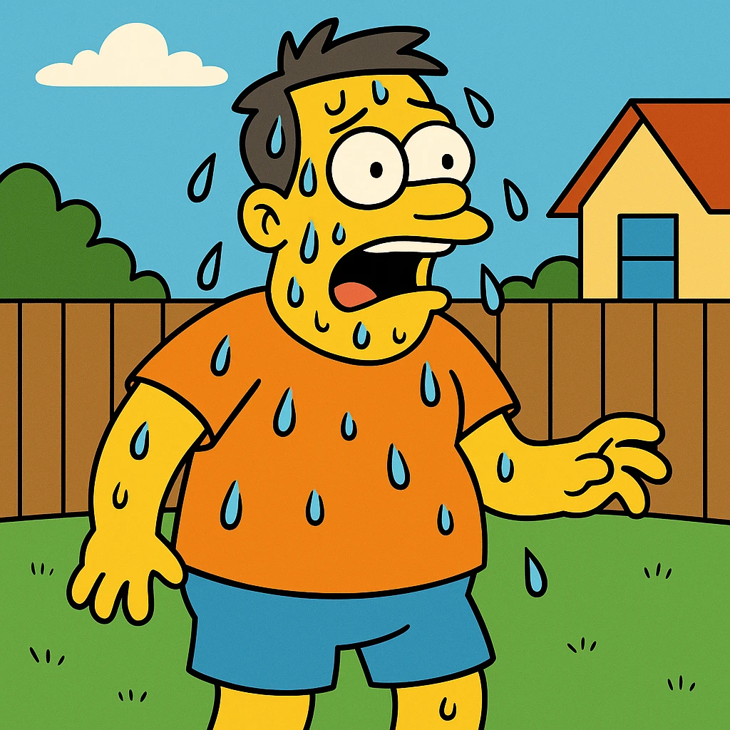 Sweat – liquid that comes out of your skin when you're hot, nervous, or exercising.
He was covered in sweat after running 5 miles. emoji