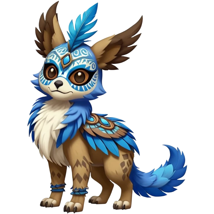 Furry cute colorful exotic tribal feral anime-styled Fakémon-Pokémon-animal-creature with a skull mask, and a feather-mane-collar, and blue feathers, with long furry ears, long furry tail, 4 legs, (full body), with intricate pattern-markings emoji
