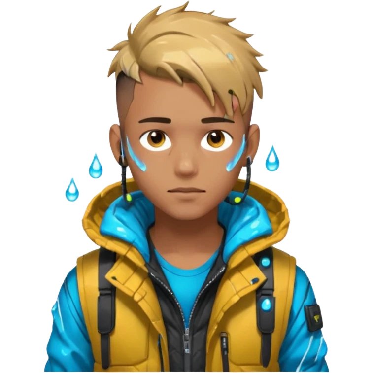 Cyberpunk street young adult, male, messy undercut, puffer vest over hoodie, glowing earpiece, light stubble, brown eyes, neon reflections, raindrops, dark background. emoji