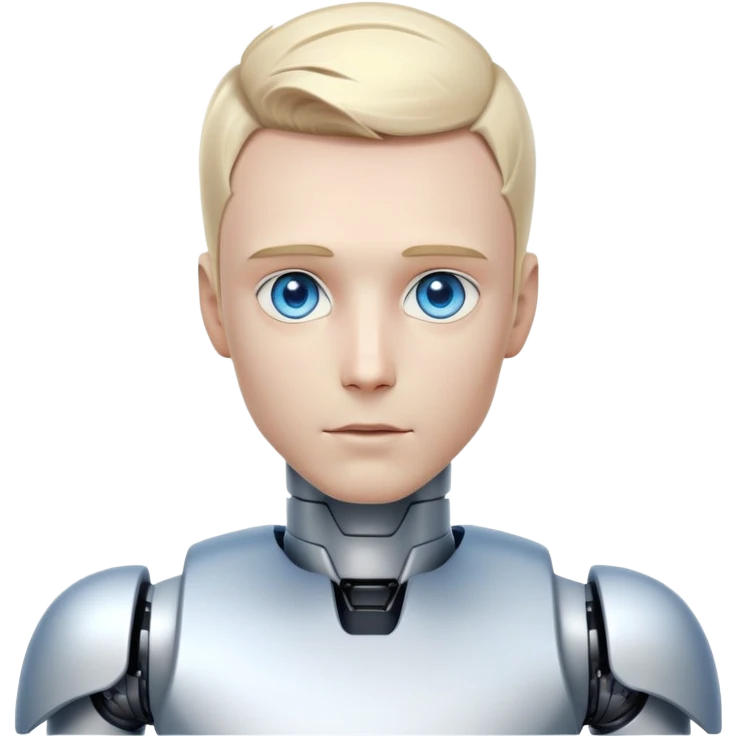 Male humanoid robot with short blond hair, metallic face, digital eyes, sharp jawline, futuristic emoji